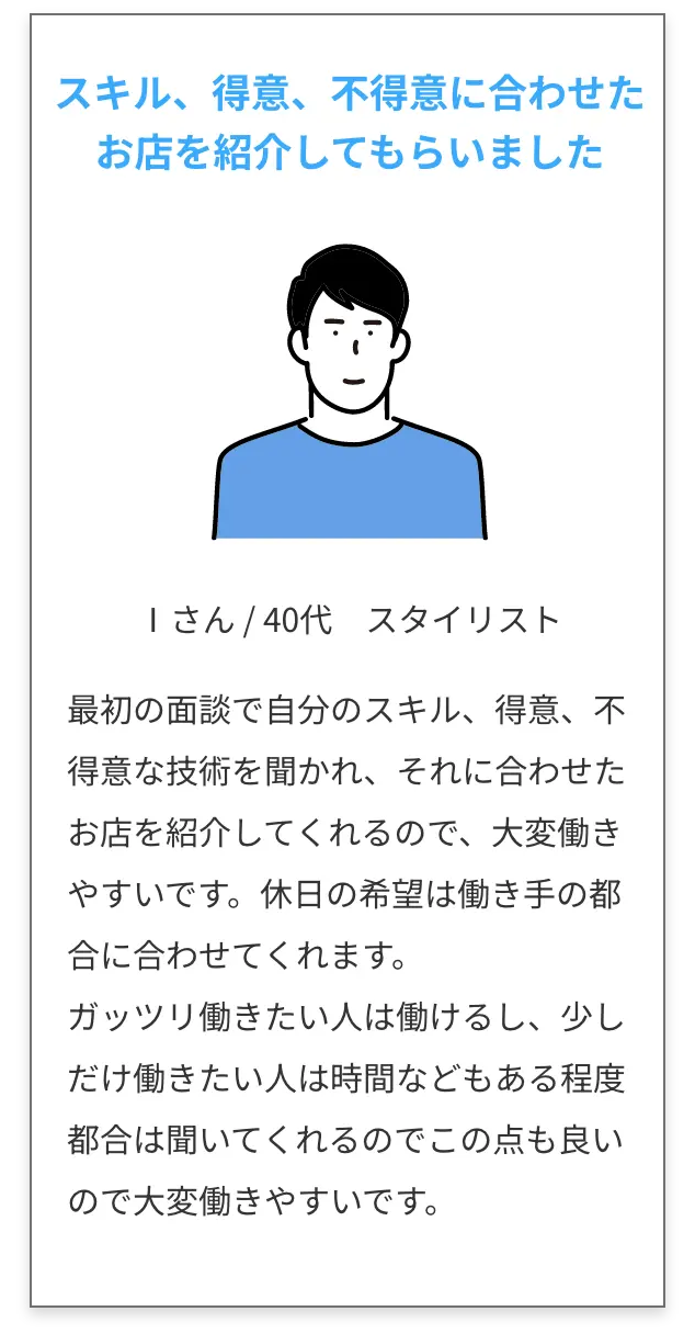 スキル、得意、不得意に合わせたお店を紹介してもらいました